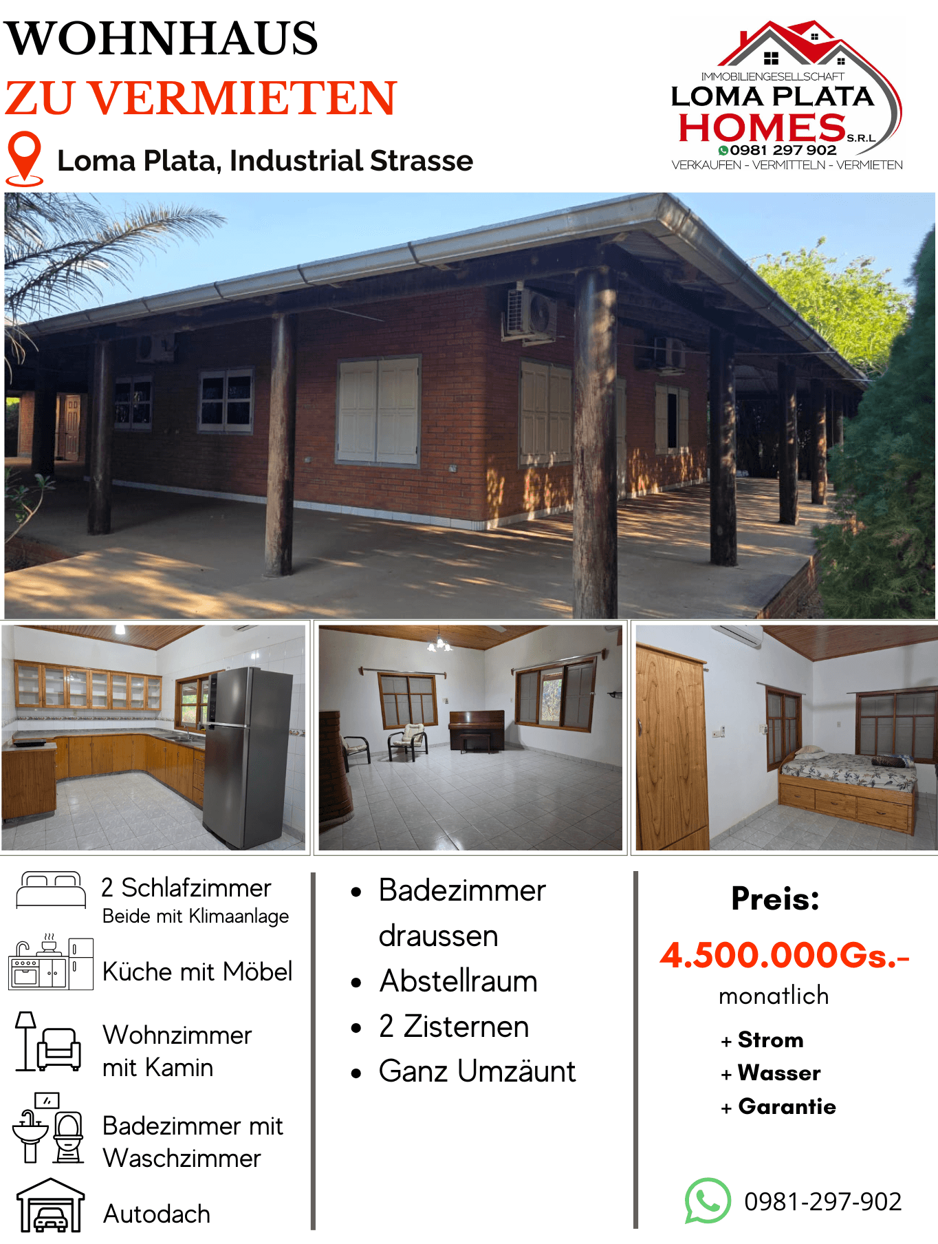 Casa 2 dorm. en alquiler en Loma Plata - Gs. 4.500.000/mes