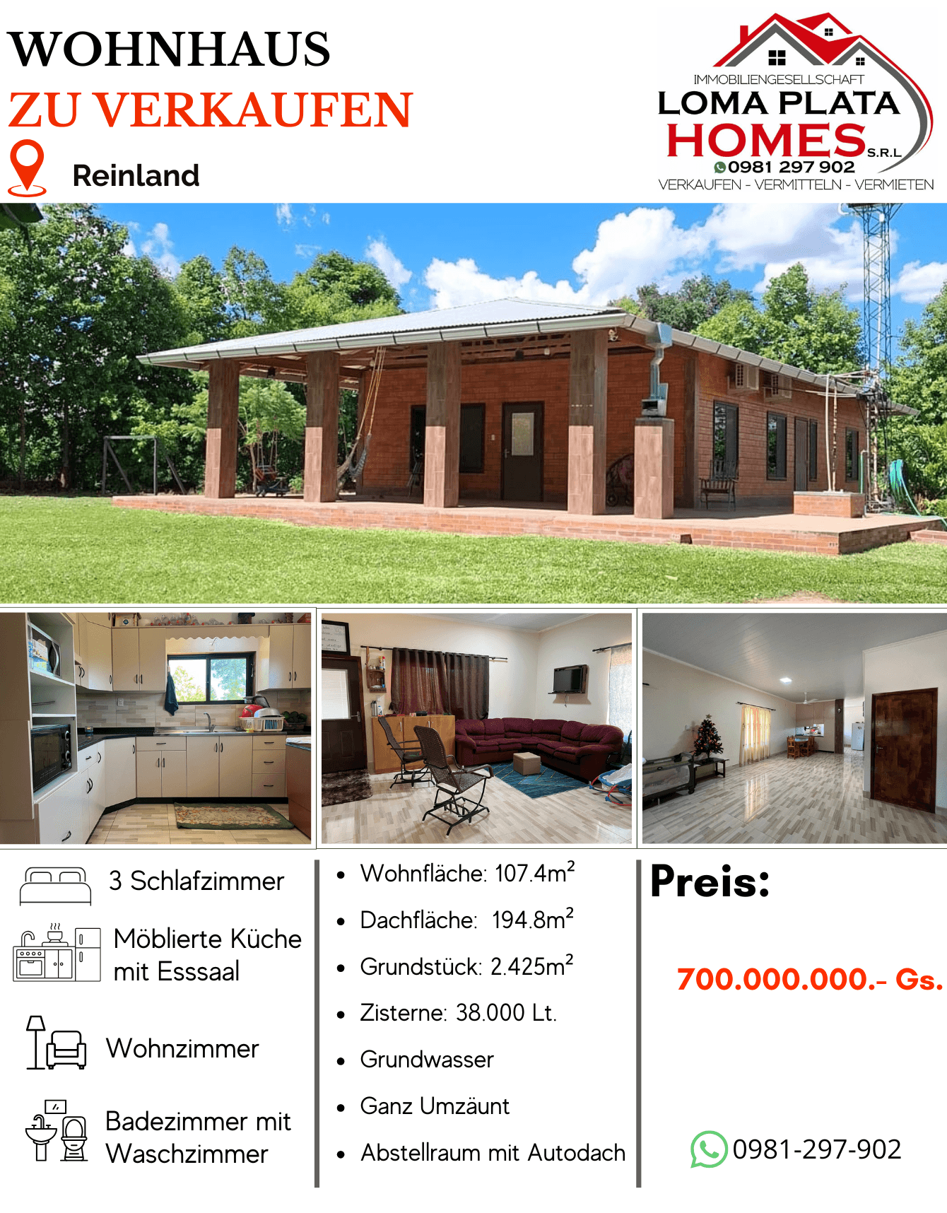 Casa 3 dorm. en venta en Reinland - Gs. 700.000.000