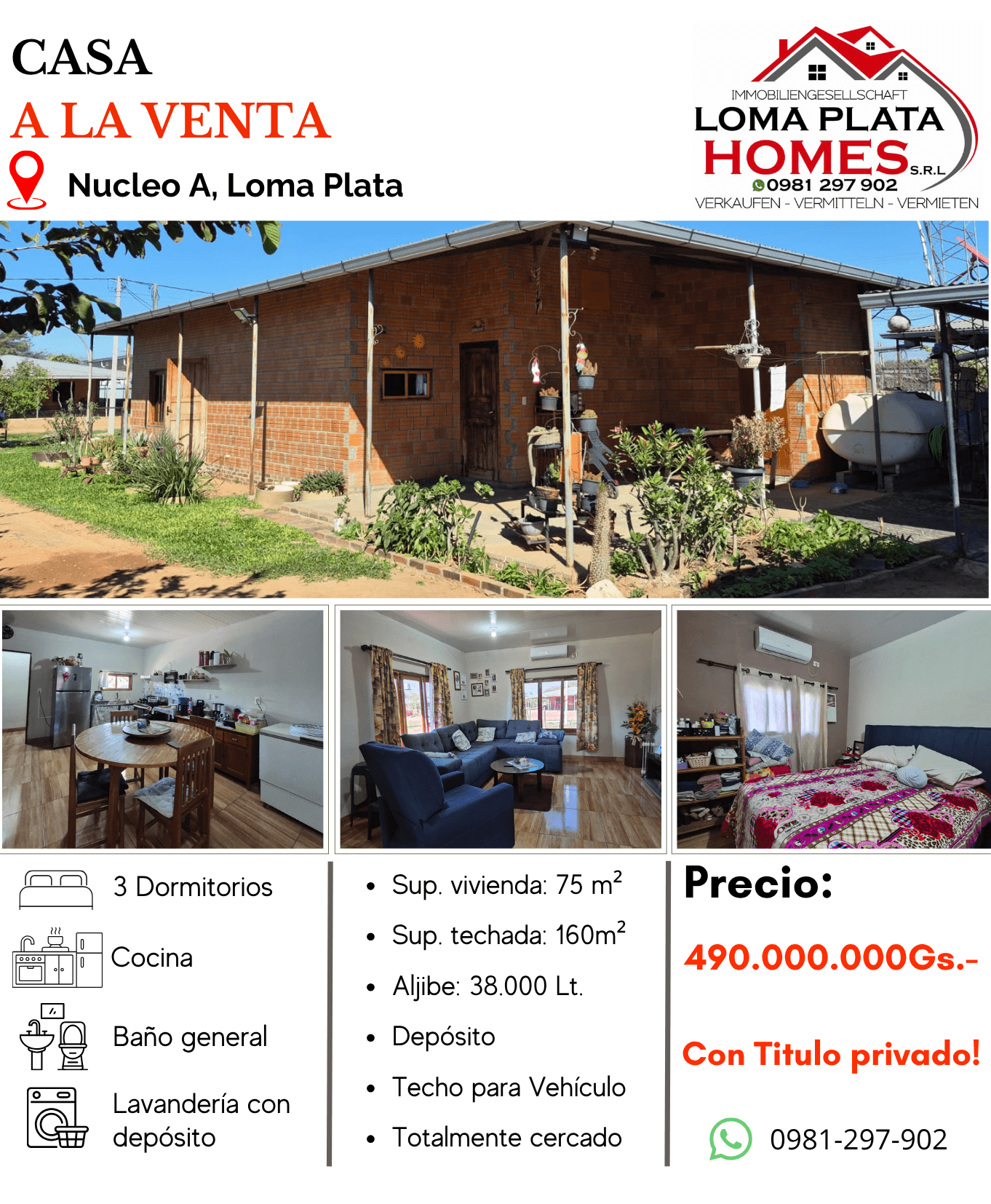 Casa 3 dorm. en venta en Loma Plata - Gs. 490.000.000