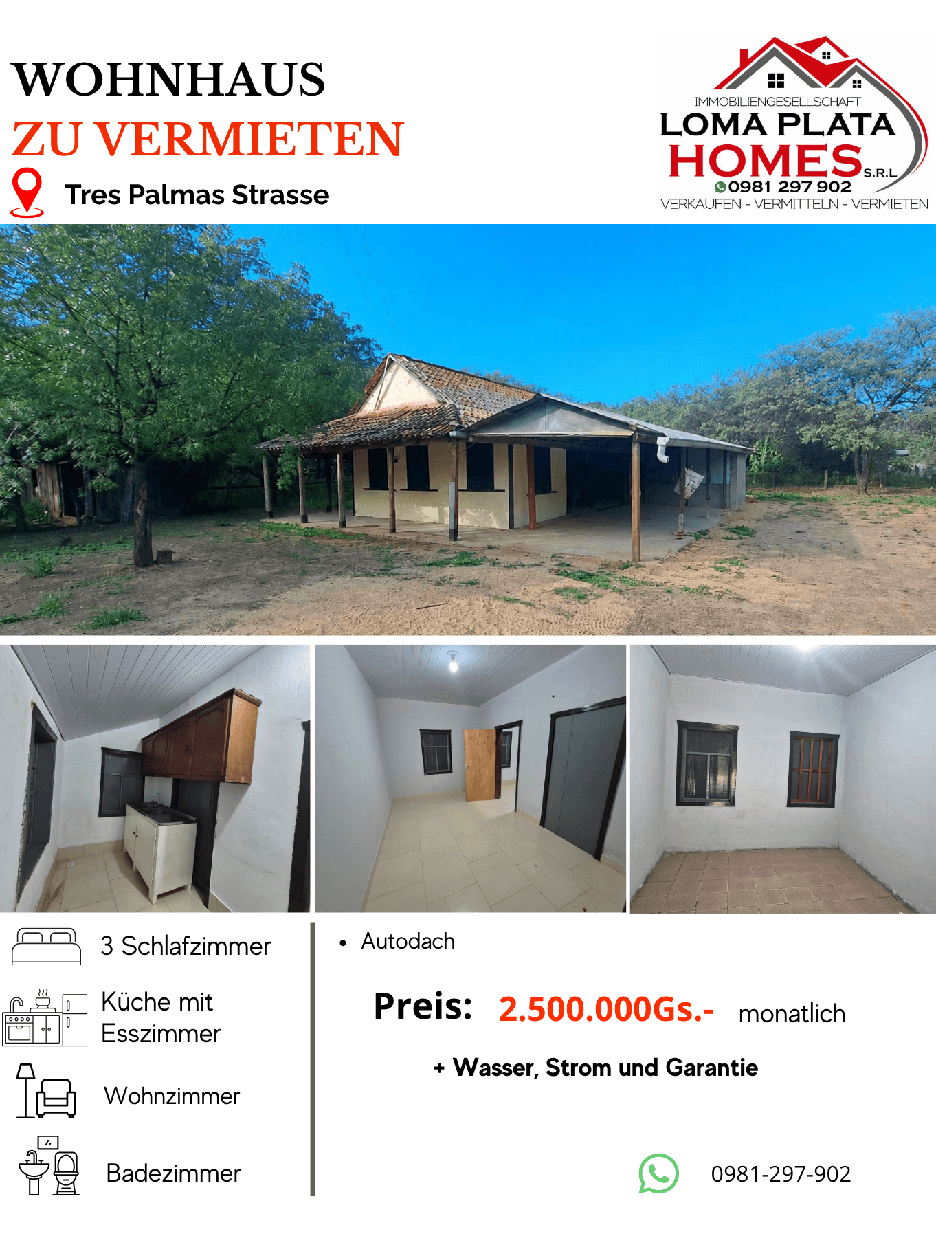 Casa 3 dorm. en alquiler en Loma Plata - Gs. 2.500.000/mes