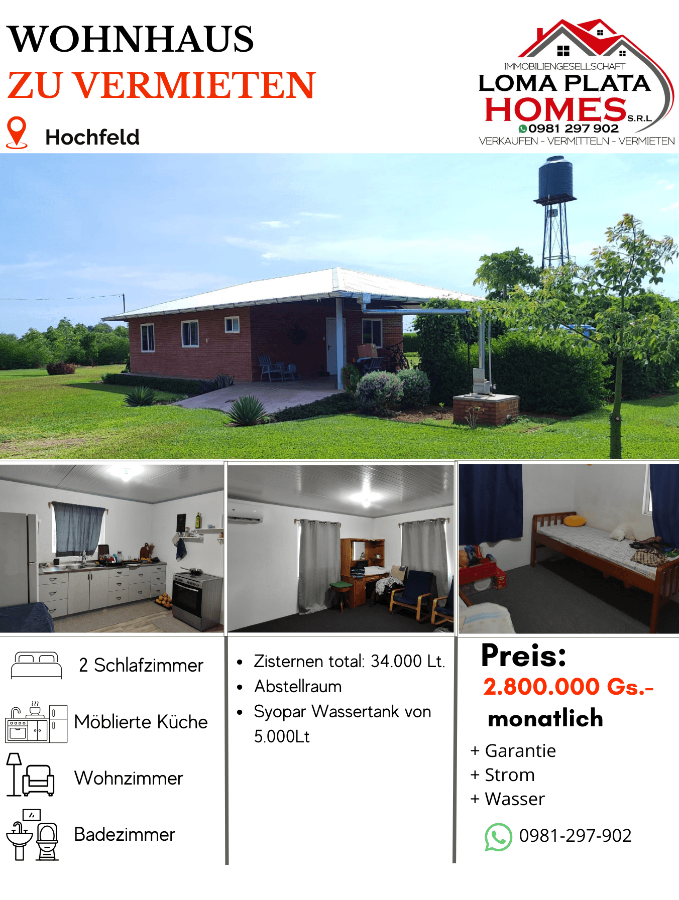 Casa 2 dorm. en alquiler en Hochfeld - Gs. 2.800.000/mes