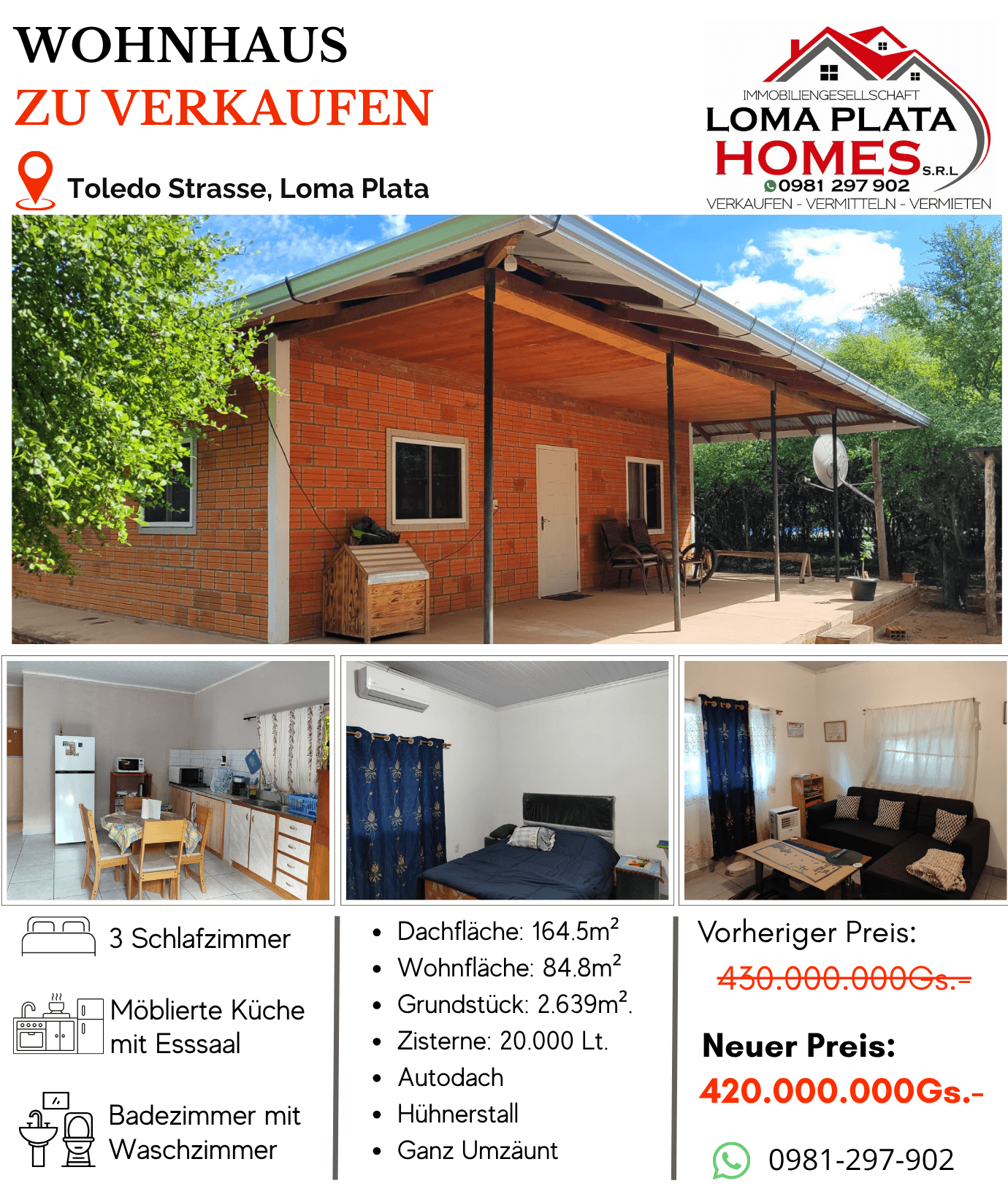 Casa 3 dorm. en venta en Loma Plata - Gs. 420.000.000